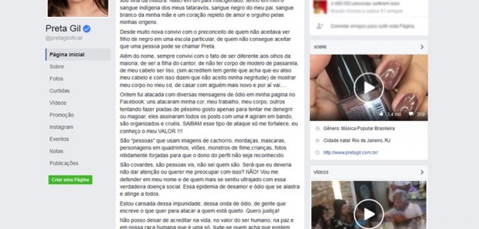 Preta Gil diz ter sido ‘atacada’ com ‘mensagens de ódio’ em rede social